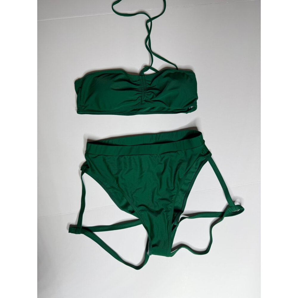 Green Two-Piece Bandeau & High-Waisted Bikini Swimwear With Strap Details Womens